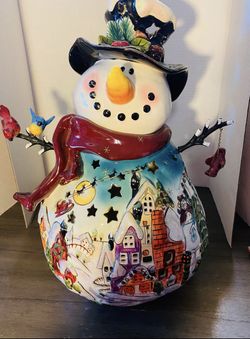 *RARE* Blue Sky Snowman Hand-painted  Tea light Holder 
