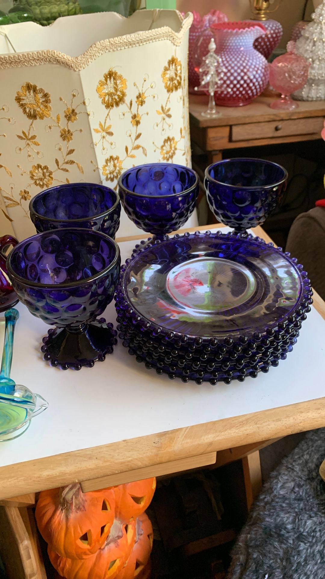 LOT OF MARTHA STEWART MACYS COLLECTION BEADED INDIGO GLASS DESSERT PLATES AND GOBLETS