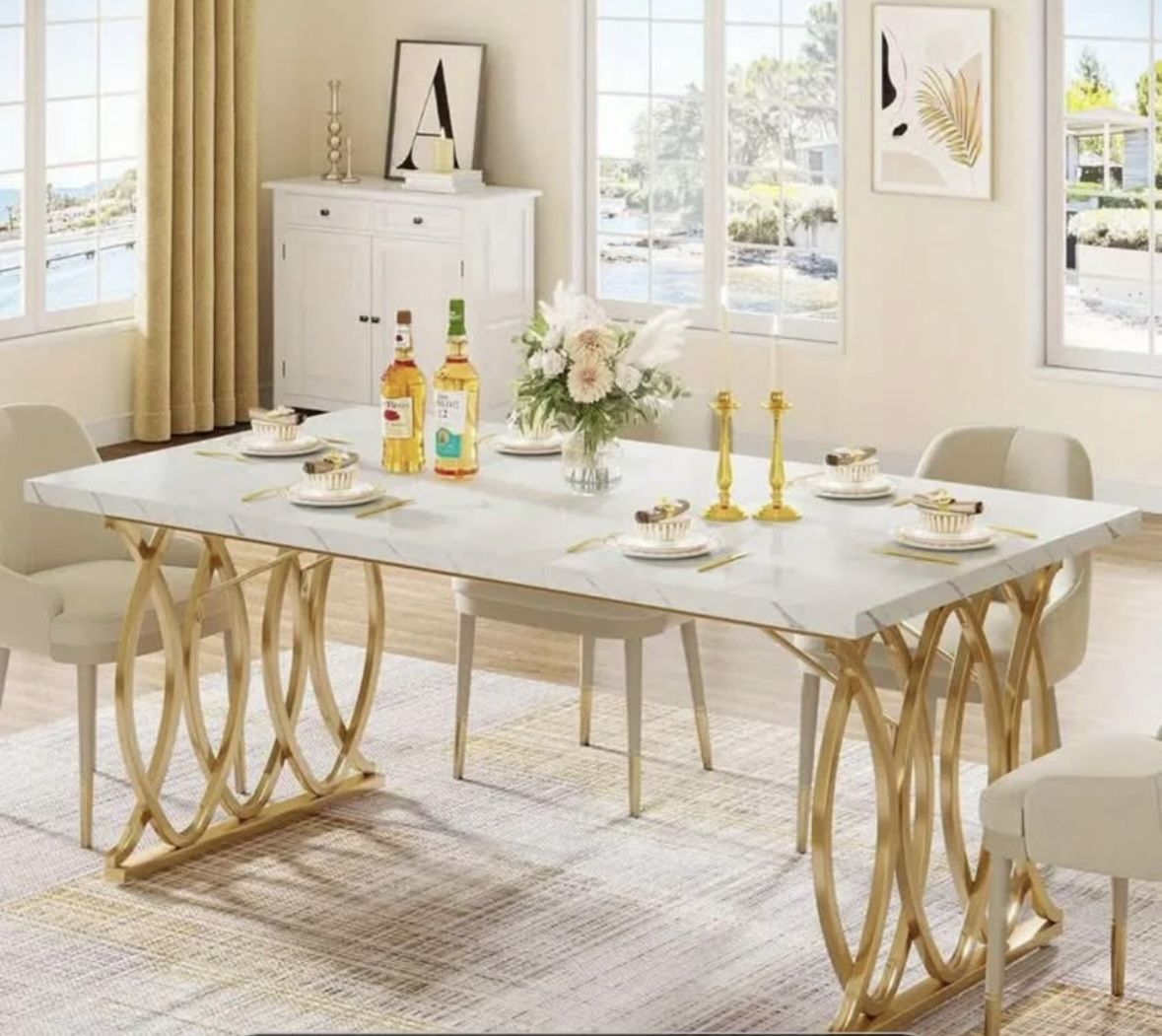 63” Modern Faux Marble Dining Table w/ Brushed Gold Geometric Legs + 4 Suede Beige/Gold Dining Chairs