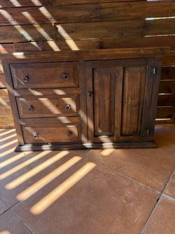 Rustic Dark Wood Cabinet with Drawers & doors