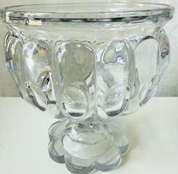 Vintage Pressed Glass 6” Mid-Century American Pedestal Compote Candy Dish, Thumbprint Pattern, Scalloped Foot