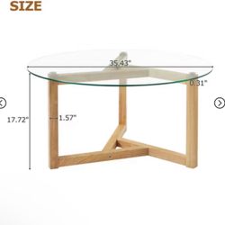 Modern Round Clear Glass Coffee Table,Tempered Glass Top & Sturdy Wood Base