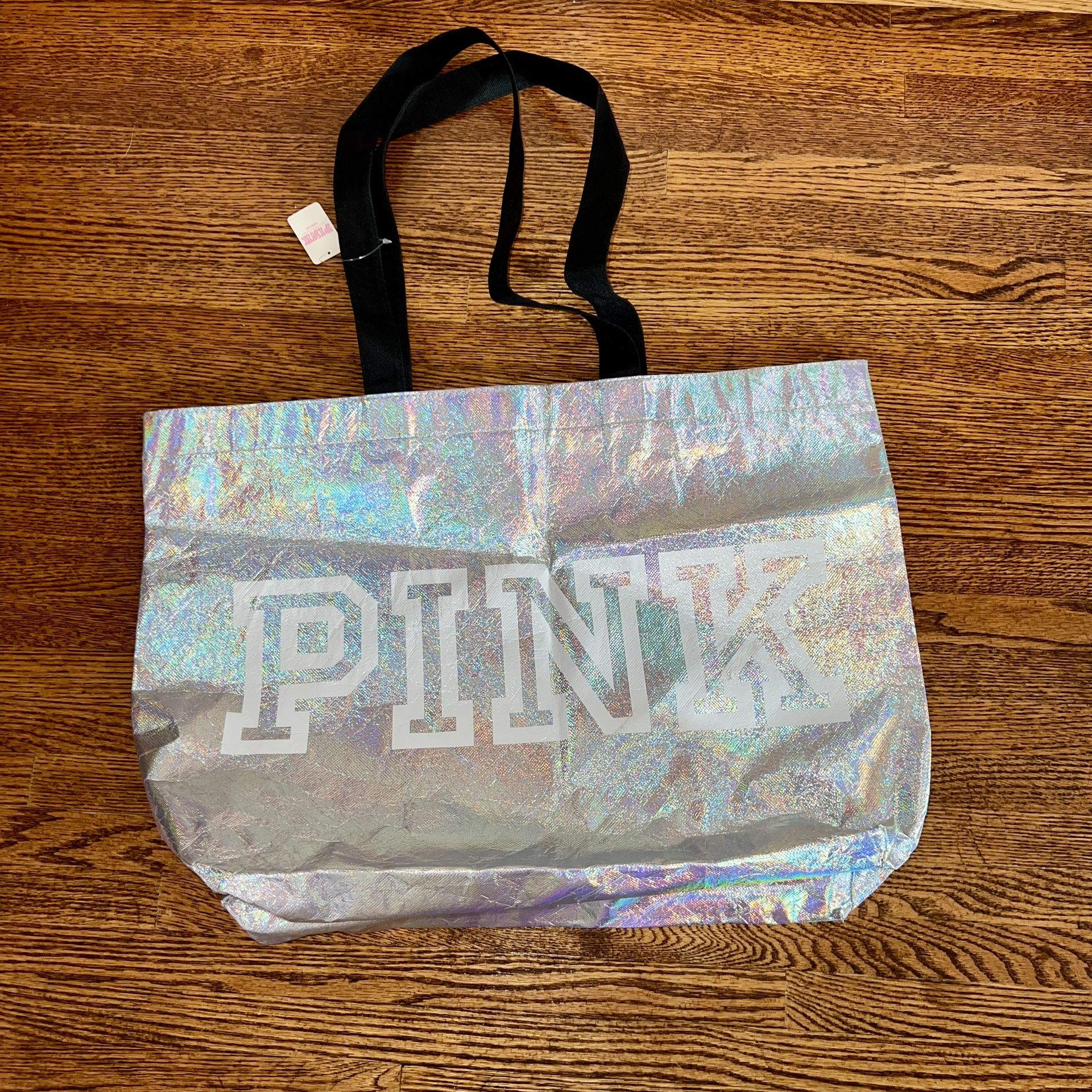 Victoria’s Secret PINK XL Silver Iridescent Tote Bag NWT