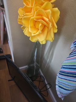 Large Yellow Artificial Roses in Glass Vase