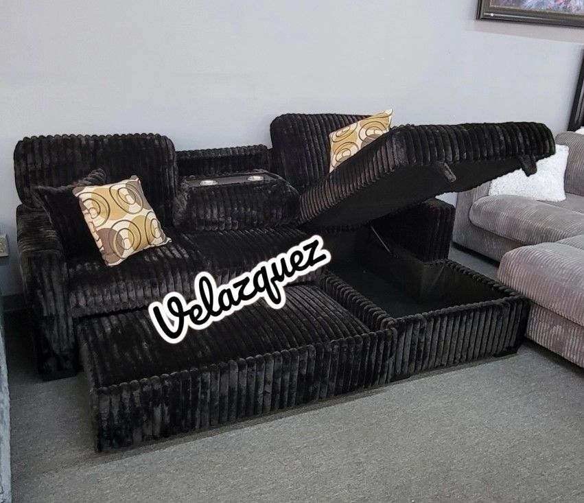 ✅️✅️2 pc Black fur like corduroy fabric sectional sofa with pop up sleep area and storage chaise drop down tray table USB ports✅️