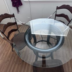 Glass Table Wooden Base & 3 Chairs