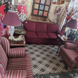 Complete 7 Piece Living Room Set Clean Maroon Couch With Two Striped Wingback Chairs Two Broyhill Drop Leaf Side Tables And Two Crystal Lamps