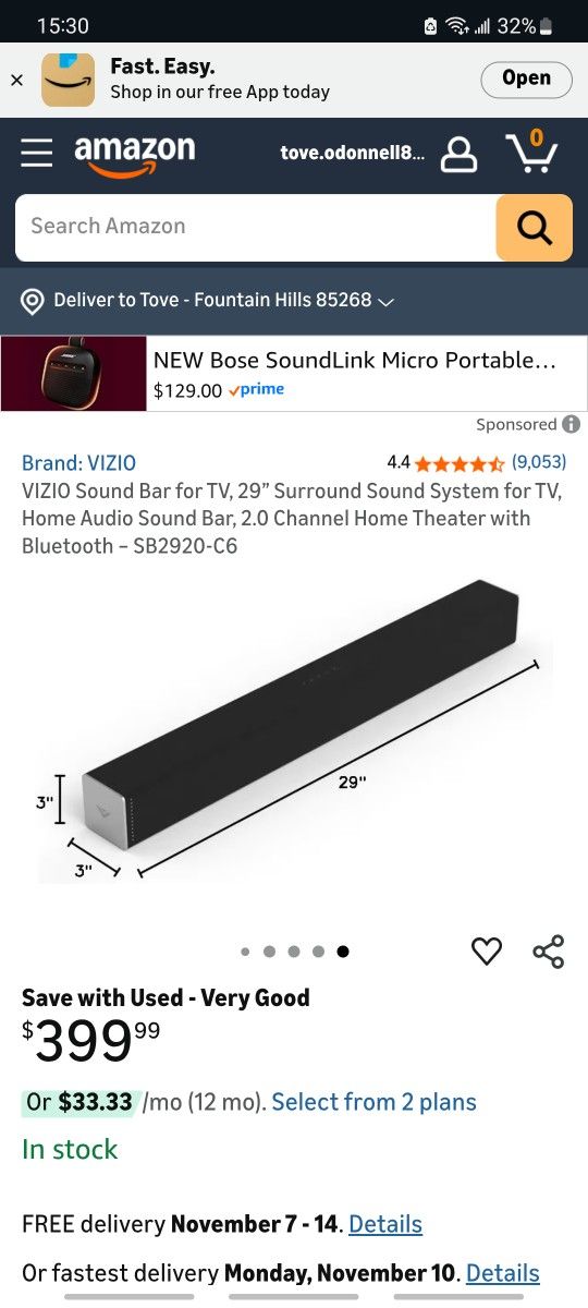 VIZIO Sound Bar. Bluetooth. 29" Sirround Sound System. 2.0 Channel Home Theater