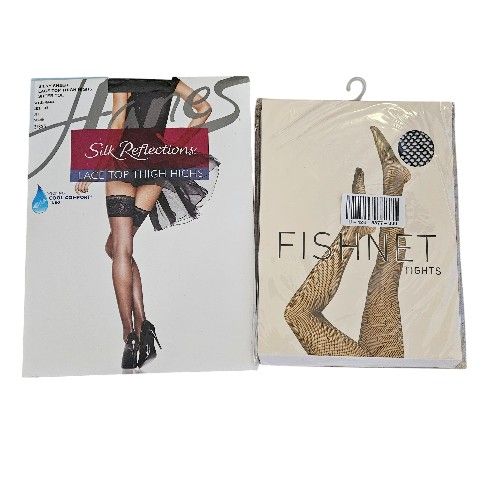 Bundle of fishnet tights, M/L and silk reflection jet thigh highs in AB, NWT.