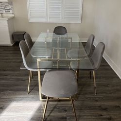 Big Glass Dining Table And 6 Gray Velvet Chairs