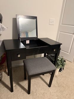 Black Vanity Table with Mirror and Stool