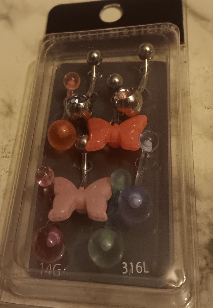 Brand New Body Jewelry"PIERCED NATION" Belly Multi Pk Curved Barbells W/BBFLY CHRMS