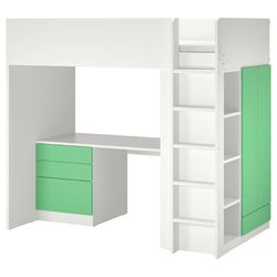 IKEA Loft bed, white green/with desk with 4 drawers, Twin