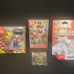 Brand New and Factory Sealed - Super Mario Odyssey (Nintendo Switch) + Amiibo / Promo Coin / Jakks Figure Set
