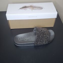 Jessica Simpson Black Pool Beaded Slip On Slide Sandals 