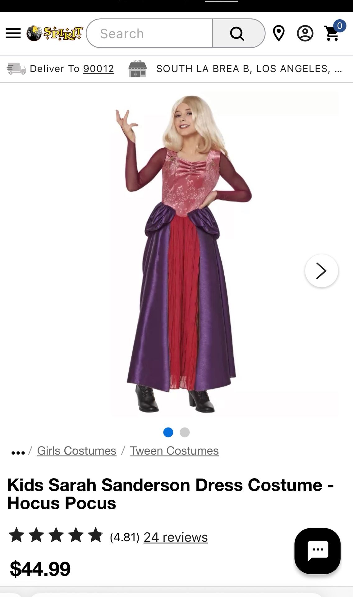 Hocus Pocus Costume Kids Size M