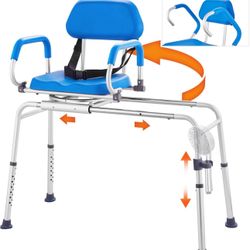 Sliding Tub Transfer Bench with 360 Degree Swivel Seat, Sliding Shower Chair with Pivoting Armrest & Padded Seat and Safety Belt, Height Adjustable Ba