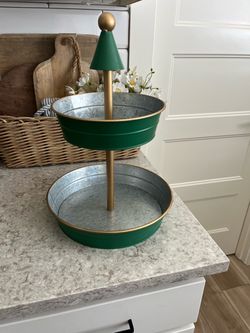 Two-Tier Metal Tray Stand Green and Gold