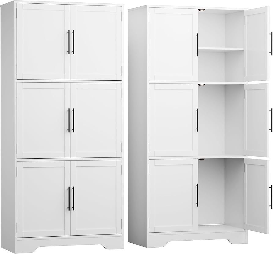 68.5" Kitchen Pantry Storage Cabinet, Cabinet with 6 Doors and 3 Shelves, Tall Food Pantry Cabinet, 4-Tier White Cabinet for Kitchen, Living Room, Din