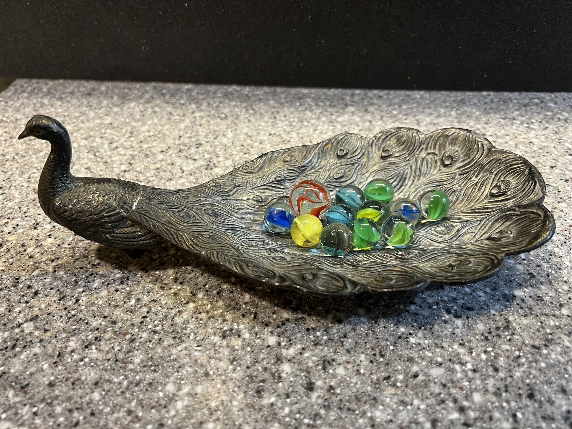 Vintage -Cast Metal Peacock Figurine - Jewelry Tray /Calling Card Dish/ Soap Dish Etc…