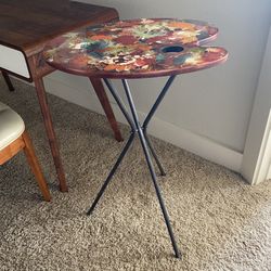 Art Palette Shaped Multicolor Painted Tall  Wood Side Table with Metal Legs