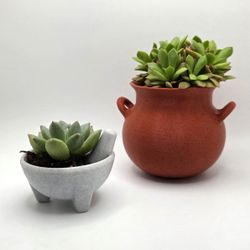 Mexican molcajete and clay pot planters set for small succulent herbs or cactus planter gift idea for Hispanic friend who likes plants