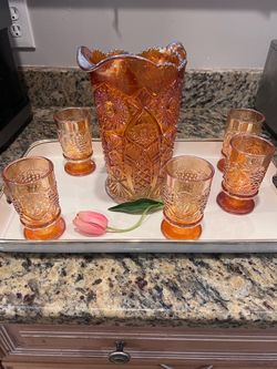 Carnival Glass Pitcher and Glasses set