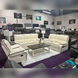 3 Pieces Off White bonded leather Sofa Set