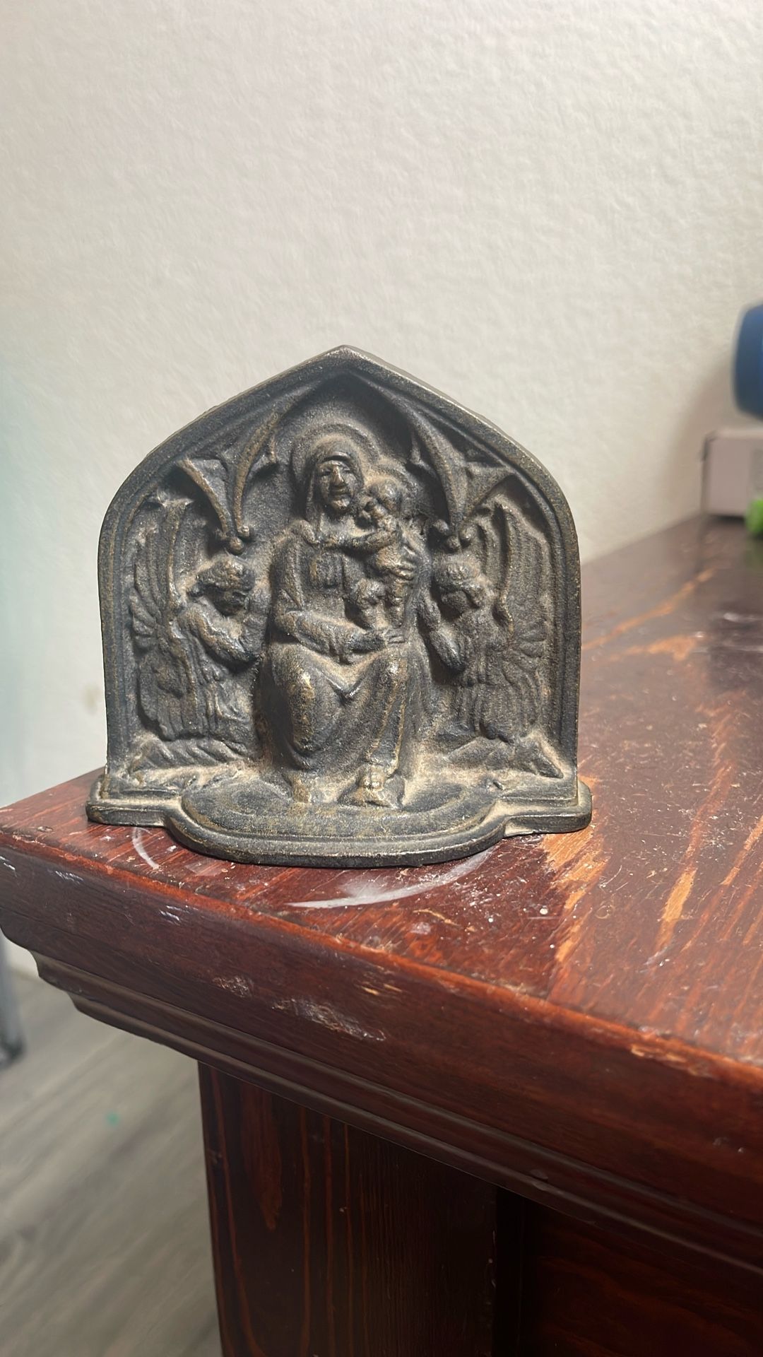 Vintage Champion Hardware Co Cast Iron Bookends Mother Mary, Child & Angels