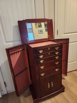 Large Wooden Jewelry Armoire with Mirror