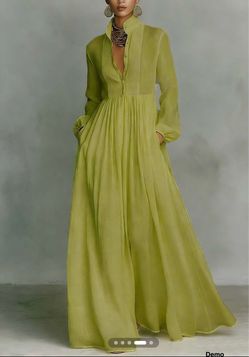 STYLEWE Casual Cotton Linen Maxi Dress High Waist Stand Collar Daily (Large)