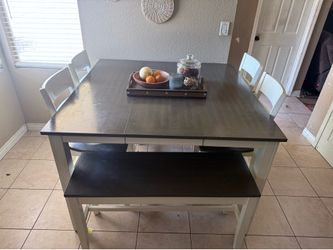 Bob’s Furniture Dining Table Set w/ Storage Bench + Custom Glass Top - Seats 6 - $500 OBO