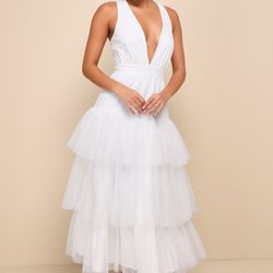 NWT Tier-ly Divine White Tulle V-Neck Tiered Maxi Dress