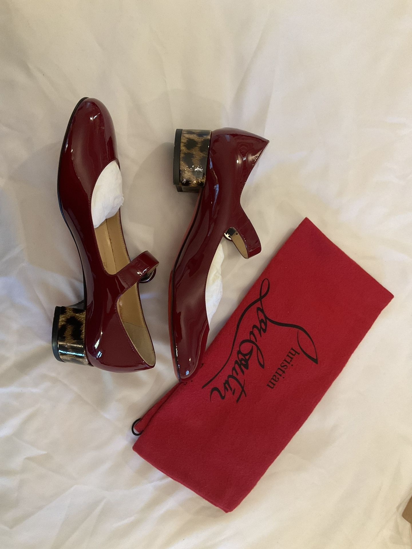 Christian Louboutin  Red Mary Jane’s Pumps With Leopard Pattern 