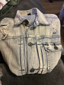 INC International Concepts medium distressed denim jacket in good used condition 