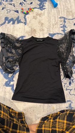 Black Top with Sheer Puff Sleeves