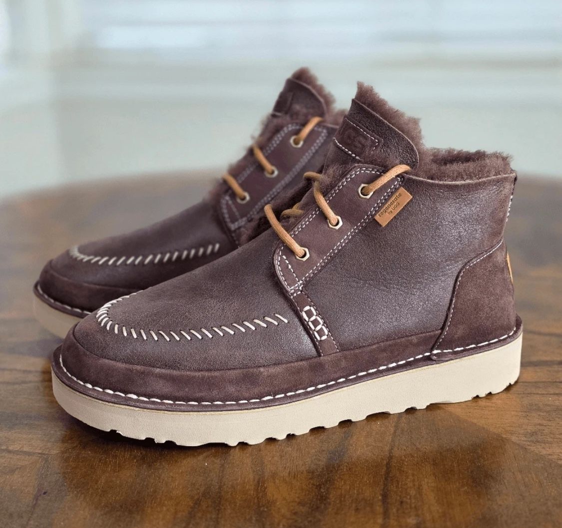 UGG Neumel Crafted Regenerate Boots Brown Suede Leather Lamb Fur Men's Size 8 Women Sz 9