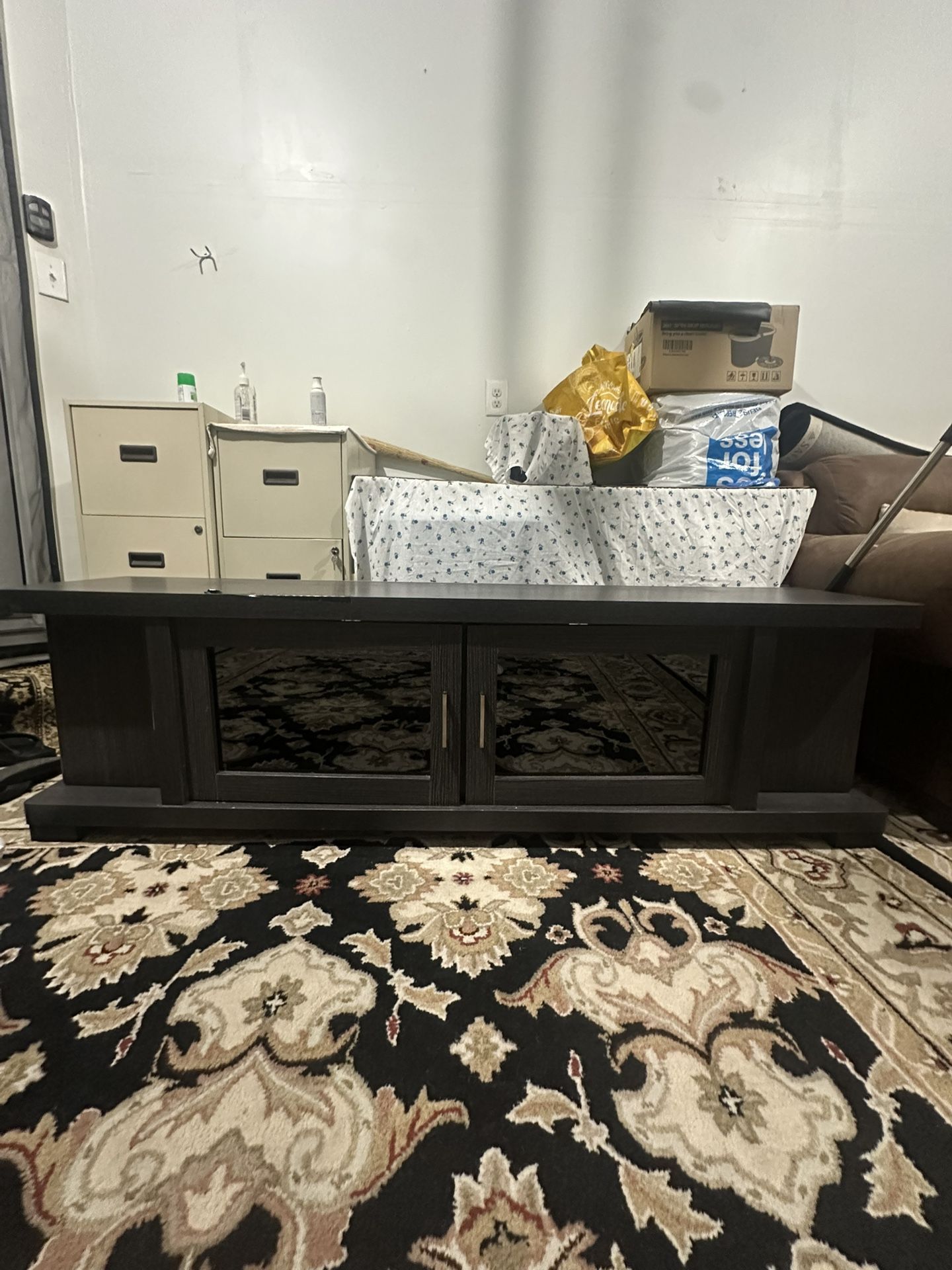 70-Inch Dark Brown Wood TV Cabinet with 2 Glass Doors and 2 Doors