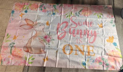 Birthday Banner turning 1 - girl pink bunny