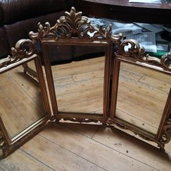 Ornate Vintage Style Tri-Fold Vanity Dressing Mirror With Gold-Gilt