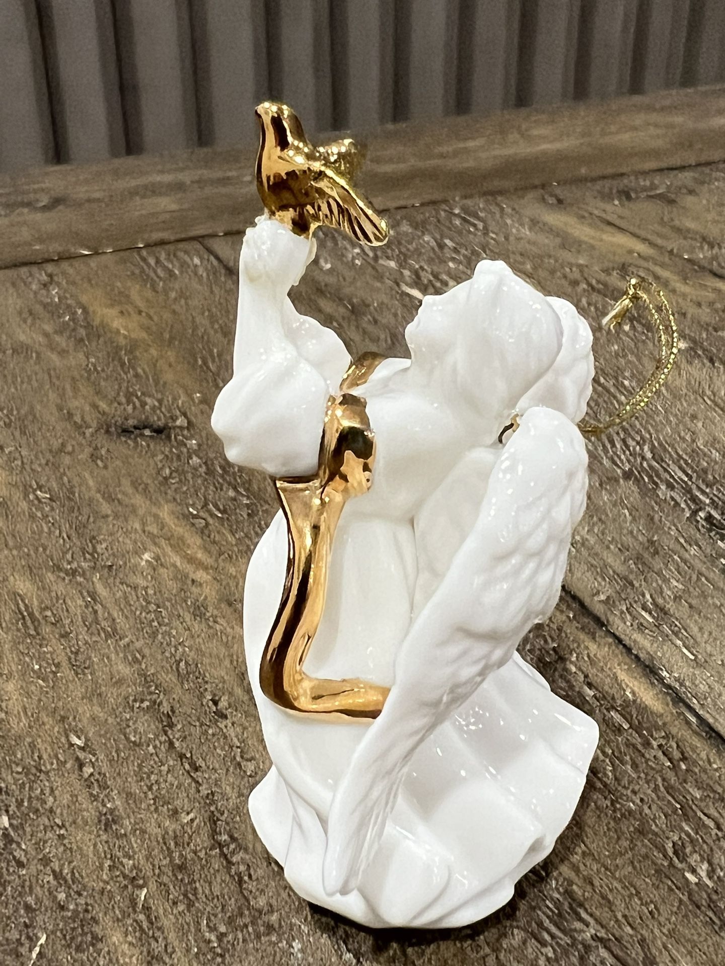 Vintage Angel with Dove White Porcelain Gold Trim Christmas Ornament Holiday 