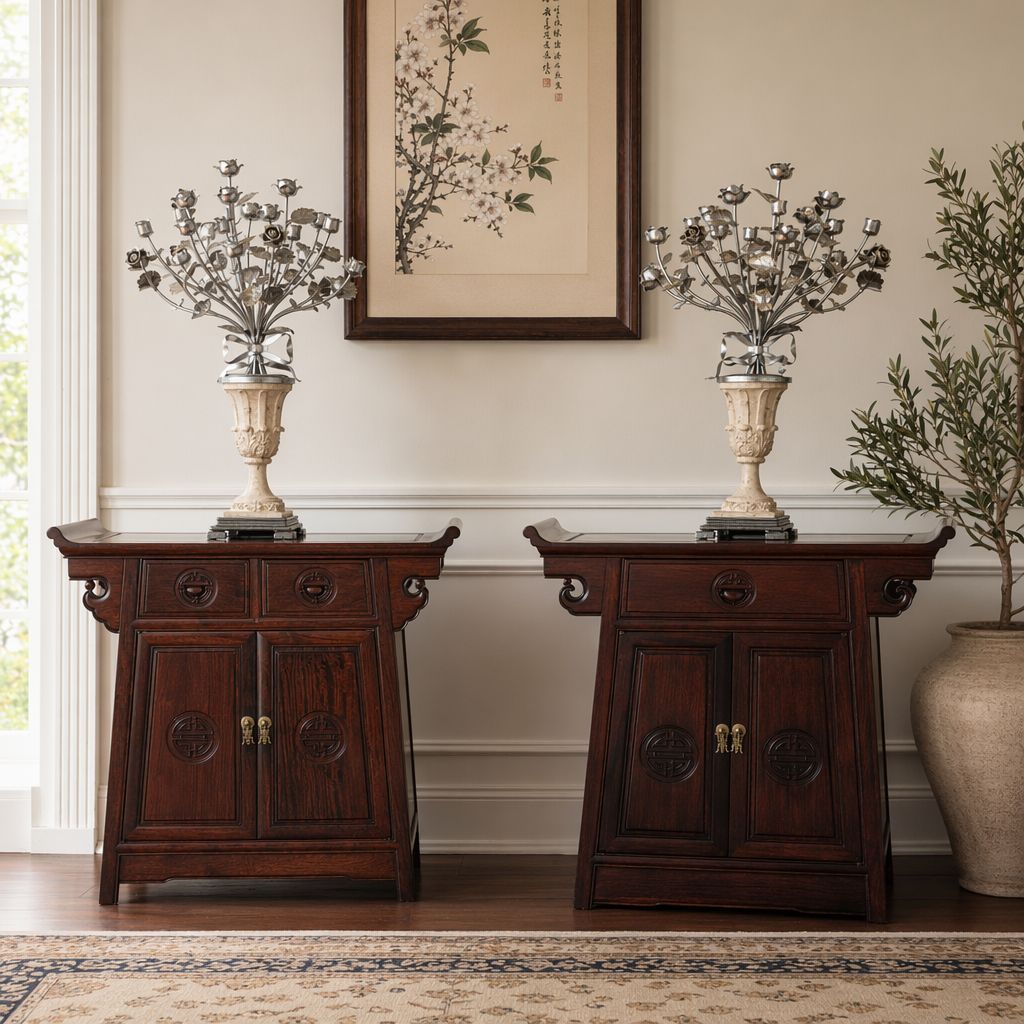 Vintage Matching Pair Solid Hongmu Hardwood Ceremonial Accent Tables / Cabinets Set - Rosewood Class