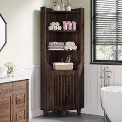 New assembled 68-Inch Tall Corner Cabinet, Farmhouse Wooden Kitchen Storage Cabinet with Doors and Shelves, Freestanding Corner Storage for Living Roo