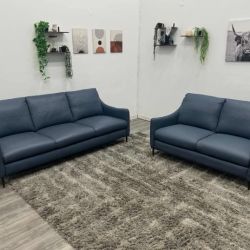 Blue Leather Couch Set - Free Delivery