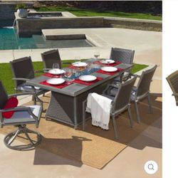ISLA 7-PIECE OUTDOOR FIRE PIT DINING TABLE SET FOR PATIO