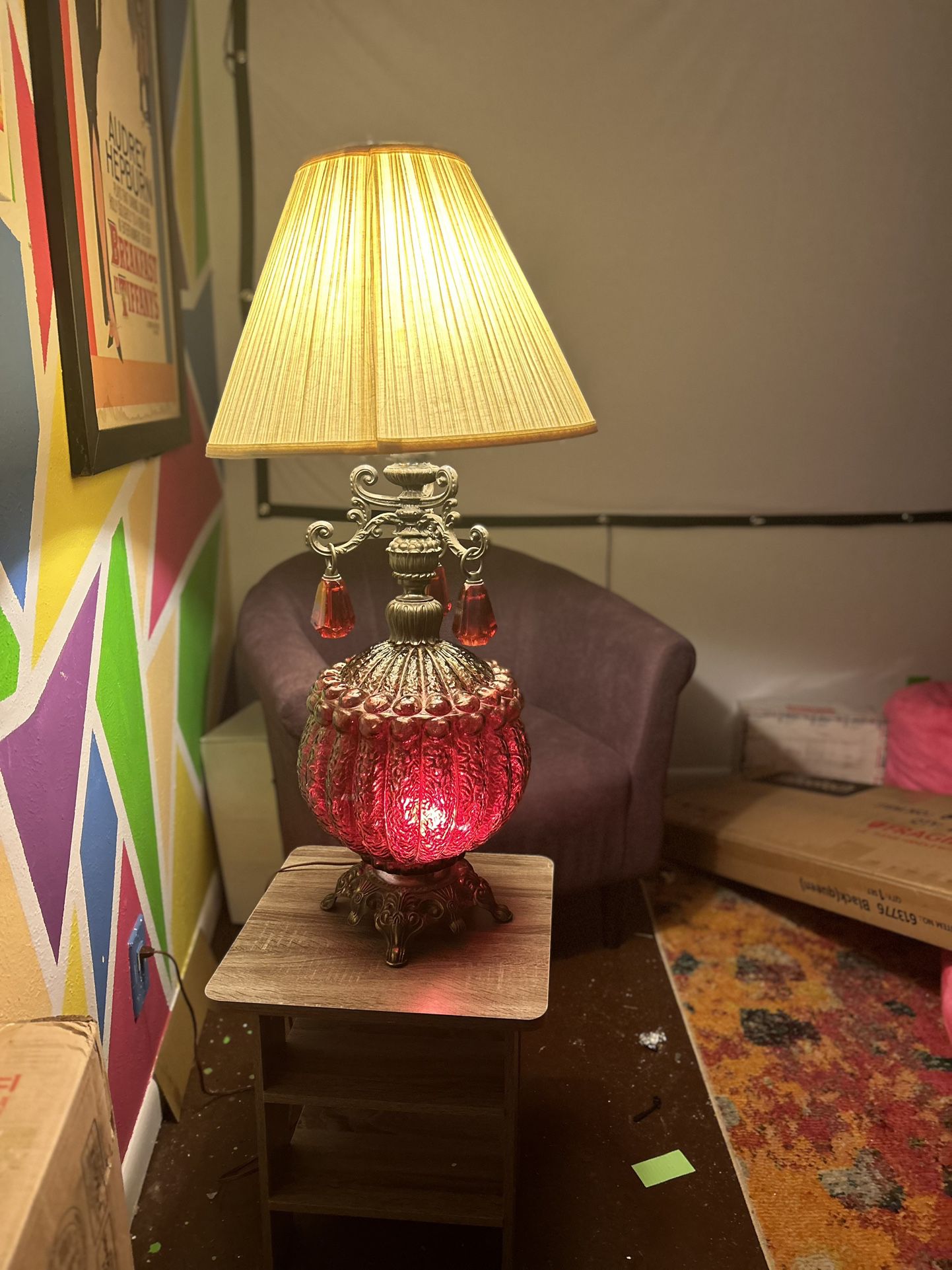 Vintage Red 3 Switch Glass/Brass Lamp