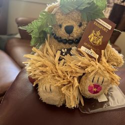 Vtg Hawaiian Passport Bearfoot Malia Plush Hula Bear 6" w Tags Ancient Star Huku