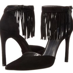 Stuart Weitzman Fringelica Black Suede Heels Pumps, 6 1/2