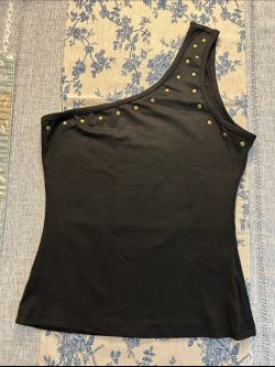 Women's One-Shoulder Studded Black Tank Top
