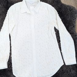 Pearls top button down long sleeve shirt white women sz M